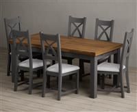 Extending Buxton 180cm Oak and Charcoal Grey Painted Dining Table with 6 Blue Painted Chairs