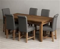 Extending Buxton 180cm Rustic Solid Oak Dining Table with 12 Blue Scroll Back Chairs