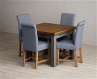 Extending Buxton 90cm Oak and Charcoal Grey Painted Dining Table with 4 Blue Scroll Back Chairs