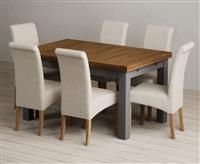 Extending Buxton 140cm Oak and Charcoal Grey Painted Dining Table with 6 Grey Scroll Back Chairs