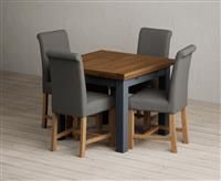 Extending Buxton 90cm Oak and Dark Blue Painted Dining Table with 4 Charcoal Grey Scroll Back Chairs