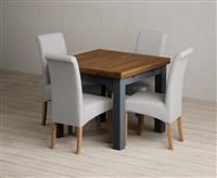 Extending Buxton 90cm Oak and Dark Blue Painted Dining Table with 6 Blue Scroll Back Chairs