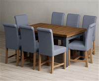 Extending Buxton 140cm Oak and Dark Blue Painted Dining Table with 6 Blue Scroll Back Chairs