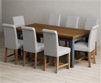 Extending Buxton 180cm Oak and Dark Blue Painted Dining Table with 8 Brown Scroll Back Chairs