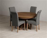 Hertford 120cm Fixed Top Rustic Oak Dining Table with 4 Blue Scroll Back Chairs
