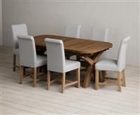 Extending Olympia 180cm Rustic Solid Oak Dining Table with 6 Grey Scroll Back Chairs