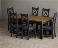 Extending Buxton 180cm Oak and Dark Blue Painted Dining Table with 6 Charcoal Grey Painted Chairs