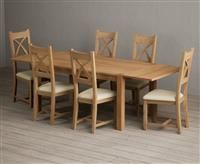 Thetford 150cm Oak Dining Table with Thetford 45cm Oak Extensions with 6 Cream Natural Solid Oak Chairs