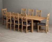 Thetford 180cm Oak Dining Table with Thetford 45cm Oak Extensions with 10 Charcoal Grey Natural Solid Oak Chairs