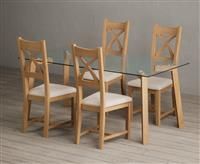 Lakelyn 180cm Solid Oak and Glass Dining Table with 4 Charcoal Grey Natural Solid Oak Chairs