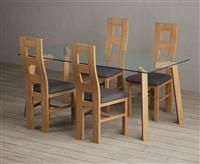 Lakelyn 180cm Solid Oak and Glass Dining Table with 4 Charcoal Grey Natural Chairs