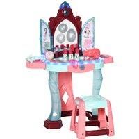 HOMCOM 31 PCS Kids Dressing Table Set with Magic Princess Mirror, Musical Pretend Toy W/ Beauty Kit Mirror Light & Music, for 3-6 Years Old Blue+Pink