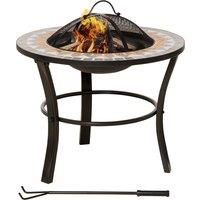 Outsunny 60cm Outdoor Fire Pit Table with Mosaic Outer, Round Firepit with Spark Screen Cover, Fire Poker for Garden Bonfire Party