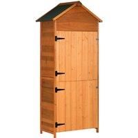 Outsunny 84 x 52cm Garden Shed 4-Tier Wooden Garden Outdoor Shed 3 Shelves Utility Gardener Cabinet Lockable Double Doors Tool Kit Storage - Teak