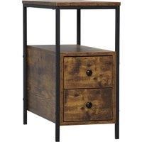 HOMCOM Side Table with 2 Drawers and Storage Shelf, Narrow End Table Bedside Table with Metal Frame for Small Spaces, Rustic Brown
