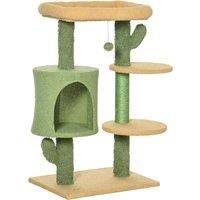 PawHut Cactus Cat Tree, 90cm Cat Climbing Tower, kitten Activity Centre with Teddy Fleece House, Bed, Sisal Scratching Posts and Hanging Ball, Green