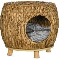PawHut Wicker Cat House Stool for Rest, Rattan Kitten Bed for Outdoor & Indoor Use, Elevated Pet Bed with Soft Washable Cushion 44 x 43 x 41 cm