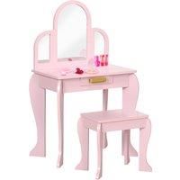 HOMCOM Kids Dressing Table with Mirror and Stool, Kids Vanity Set, Girl Makeup Desk with Drawer for 3-6 Years Old Children, Pink
