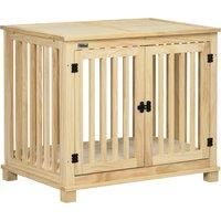 PawHut Wooden Dog Crate, with Double Doors, Cushion, for Medium Dogs - Natural Finish