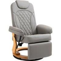 HOMCOM PU Recliner Chair with Footrest, Headrest, Round Wooden Base, Lounge Reading Armchair for Living Room, Bedroom and Office, Grey