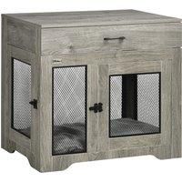 PawHut Indoor Use Dog Crate Furniture with Cushion, Double Doors Pet Kennel End Table with Drawer for Medium Dogs, Grey