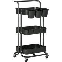 HOMCOM 3 Tier Utility Rolling Cart, Kitchen Cart with 3 Removable Mesh Baskets, 3 Hanging Box, 4 Hooks and Dividers for Living Room, Laundry Black
