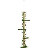 PawHut 242cm Floor to Ceiling Cat Tree, Height Adjustable Kitten Tower w/Anti-Slip Kit, Highly Simulated Multi-Layer Activity Centre w/Perches, Scratching Post - Green