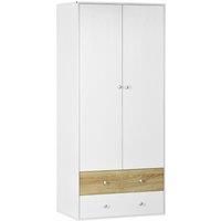 HOMCOM 2 Door Wardrobe White Wardrobe with Drawers and Hanging Rod for Bedroom Clothes Organisation and Storage