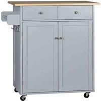 HOMCOM Rolling Kitchen Island on Wheels, Utility Serving Cart with Rubber Wood Top, Towel Rack, Hooks and Storage Drawers, Grey