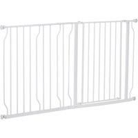 PawHut Dog Gate Wide Stair Gate w/Door Pressure Fit Pets Barrier for Doorway, Hallway, 76H x 75-145W cm - White