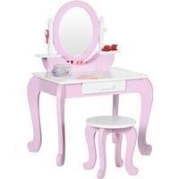 ZONEKIZ Kids Dressing Table Set Kids Vanity Set Girl Makeup Desk with Mirror Stool Drawer Round Legs for 3-6 Years Old, Pink