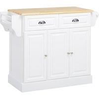 HOMCOM Kitchen Island with Storage Rolling Kitchen Serving Cart with Rubber Wood Top Towel Rack Storage Drawer Cabinet White