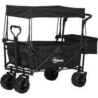 Outsunny Folding Trolley Cart Storage Wagon Beach Trailer 4 Wheels with Handle Overhead Canopy Cart Push Pull for Camping, Black