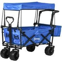 Outsunny Folding Trolley Cart Storage Wagon Beach Trailer 4 Wheels with Handle Overhead Canopy Cart Push Pull for Camping, Blue