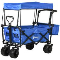 DURHAND Outdoor Push Pull Wagon Stroller Cart w/ Canopy Top Blue