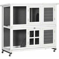 Pawhut Outdoor And Indoor Wooden Rabbit Hutch With Wheels And Slide-out Trays, 119 X 50.5 X 109cm, Grey
