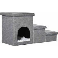 PawHut Dog Steps 3-step Pet Stairs with Kitten House and 2 Storage Boxes, 3 in 1 Dog Ramp for Sofa with Washable Plush Cushion
