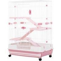 PawHut 4-Level Small Animal Cage, Indoor Bunny House, for Ferrets, Chinchillas w/ Wheels, Slide-Out Tray, Pink, 81 x 52.5 x 114 cm