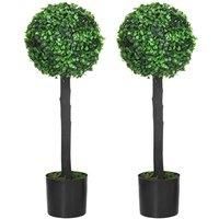 HOMCOM Set of 2 Artificial Plants Boxwood Ball Trees in Pot Fake Plants for Home Indoor Outdoor Decor, 20x20x60cm, Green