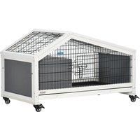 PawHut Rabbit Hutch with Water Bottle, Guinea Pig Cage with Wheels, Bunny Run with Plastic Slide-out Tray, Small Animal House for Indoor, Dark Grey