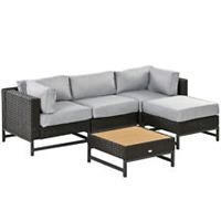 Outsunny Rattan Corner Sofa, Rattan Garden Furniture Wood Grain Plastic Table