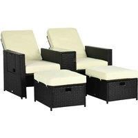 Outsunny 5PC PE Rattan Sun Lounger, Outdoor Wicker 5-level Adjustable Recliner Sofa Bed with Storage Side Table, Footstools, for Patio, Garden, Black