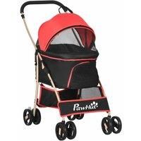 PawHut Detachable Pet Stroller, 3-In-1 Dog Cat Travel Carriage, Foldable Carrying Bag with Universal Wheel Brake Canopy Basket Storage Bag, Red