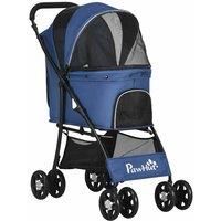 PawHut Pet Stroller, Dog Cat Travel Carriage, Foldable Carrying Bag with Large Carriage, Universal Wheels, Brake Canopy, Basket, Storage Bag, Dark Blue