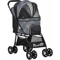 PawHut Pet Stroller, Dog Cat Travel Carriage, Foldable Carrying Bag with Large Carriage, Universal Wheels, Brake Canopy, Basket, Storage Bag, Grey
