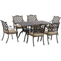 Outsunny 6-Seater Patio Dining Set with Umbrella Hole, Cast Aluminum Patio Furniture Set with Six Cushioned Chairs and Rectangle Dining Table, Bronze