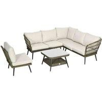 Outsunny 5 Pieces Outdoor Rattan Corner Sofa, Round and Twin Half-round Wicker Woven Rattan Garden Furniture w/ Thick Padded Cushions and Tempered Glass Top Two-tier Table, Grey