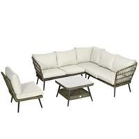 Outsunny Rattan Corner Sofa, Rattan Garden Furniture w/Glass Top Two-tier Table