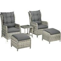 Outsunny 5 Pieces PE Rattan Sun Lounger Set, Outdoor Half-round Wicker Recliner Sofa Bed with Glass Top Two-tier Table and Footstools, Mixed Grey