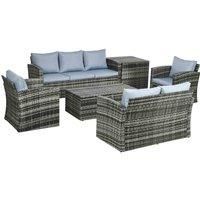 Outsunny 6 Piece Outdoor Rattan Wicker Sofa Set Sectional Patio Conversation Furniture Set w/ Storage Table & Cushion Mixed Grey